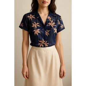 Vintage Kenar Navy Blue Floral Print 100% Silk Short Sleeve Button Up Blouse